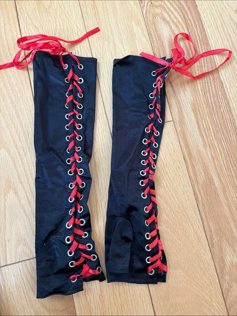 Spirit Black Lace-Up Fingerless Arm Warmers with Red Lacing